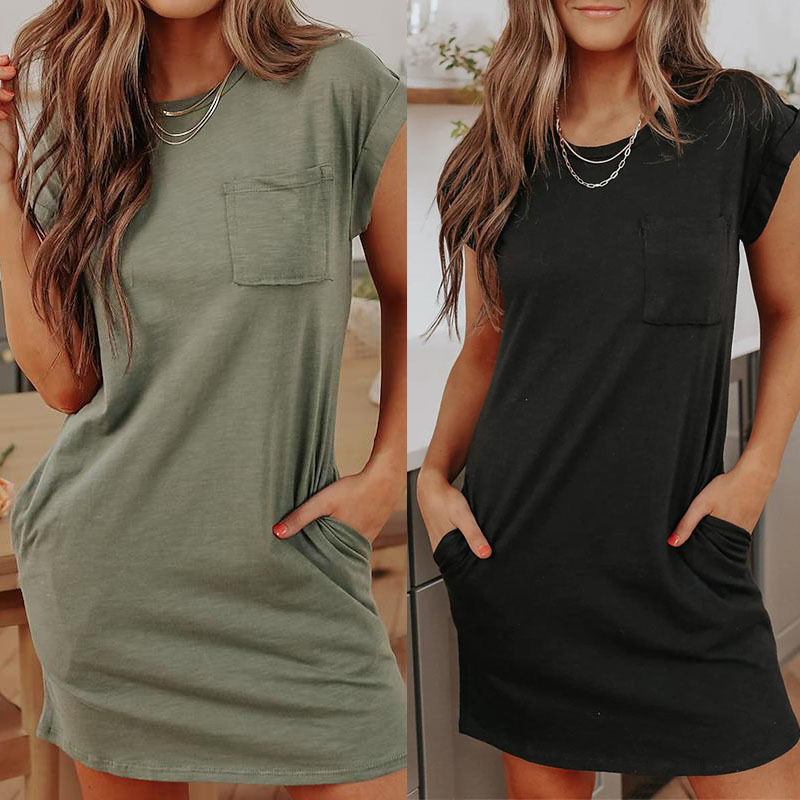 Women's Loose Casual Round Neck Short Sleeve Pocket Dress