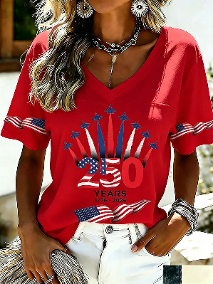 Women's Summer American 250th Anniversary Flag Print T-Shirt