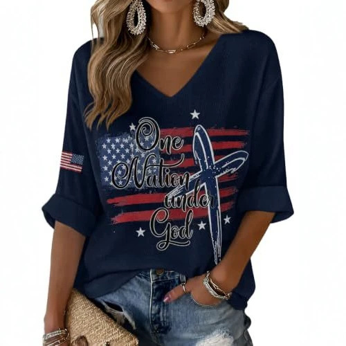 American Flag Letter Print V-Neck Half-Sleeve T-Shirt for Women