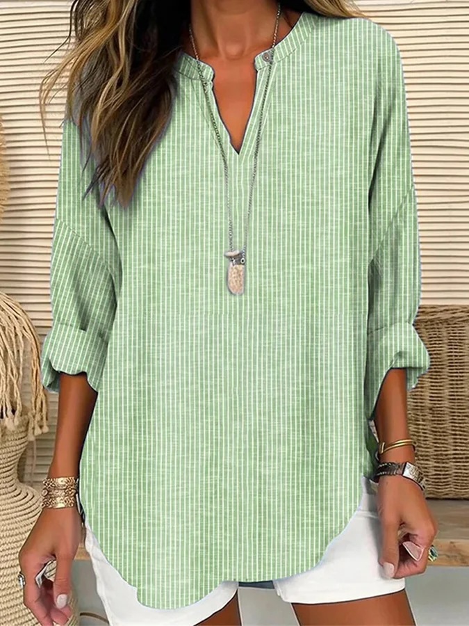 Women's Solid Print V-Neck Long Sleeve T-Shirt