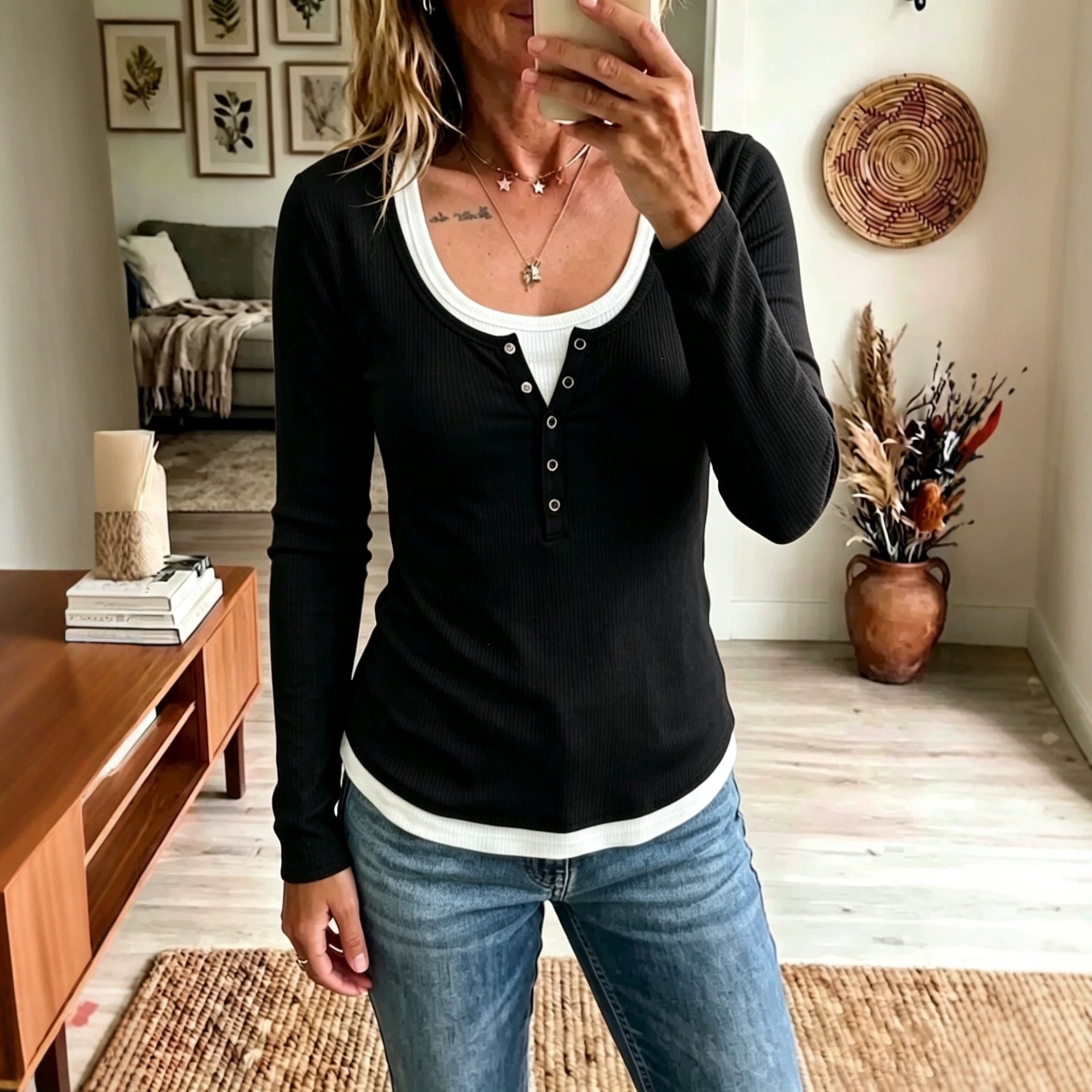 Women's Color-Block Faux-Layer Slim Long-Sleeve T-Shirt