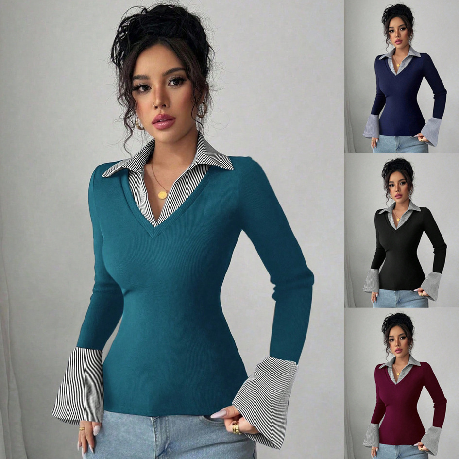 Striped V-Neck Colorblock Flare Top