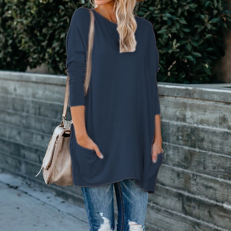 Women's Crewneck Long-Sleeve Pocket T-Shirt Plus Size