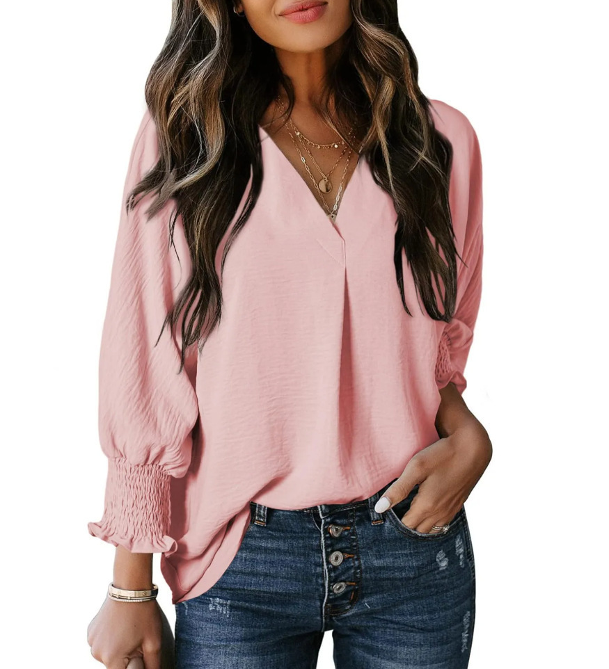 Women's V-Neck Long Sleeve Loose Fit Blouse Top
