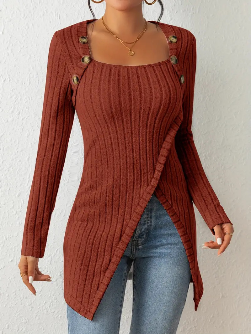 Women's Slim Fit Knit Button-Detail Slit Hem T-Shirt