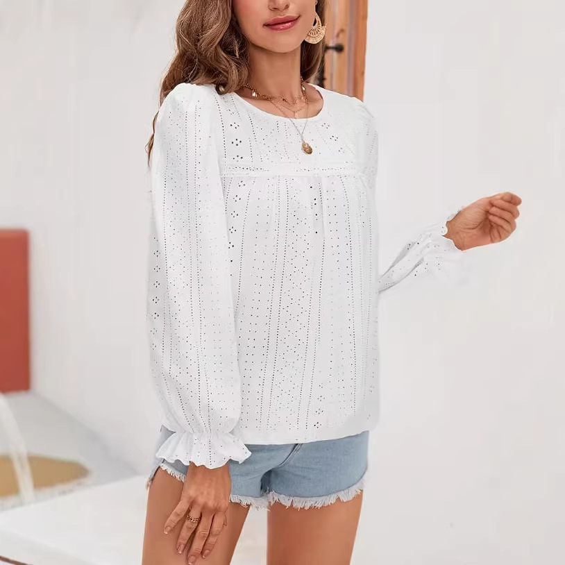 Women's Crewneck Long Sleeve Cutout Solid Color Casual Top Shirt