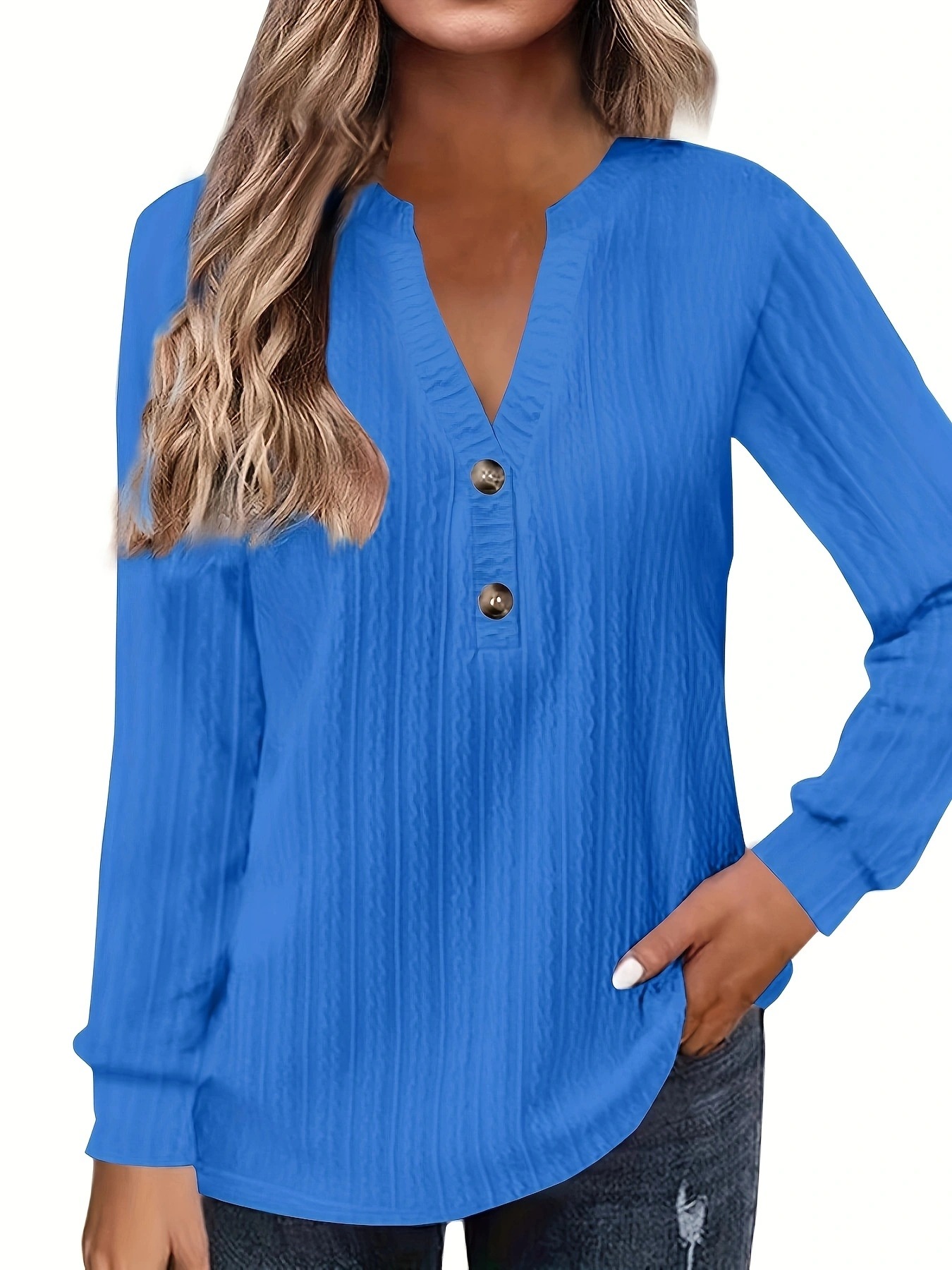 Women's Long Sleeve V-Neck Button T-Shirt Solid Color Top
