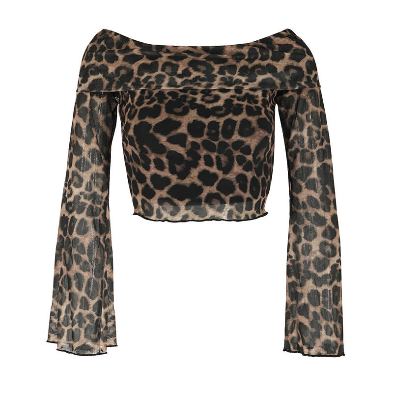 Women's Leopard Print Off-Shoulder Long-Sleeve Slim Top