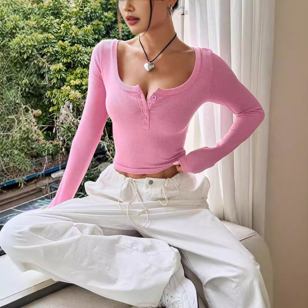 Solid Ribbed Long-Sleeve U-Neck Slim Fit Crop Top