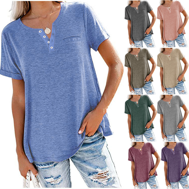 Women's V-Neck Short Sleeve Pocket Loose T-Shirt