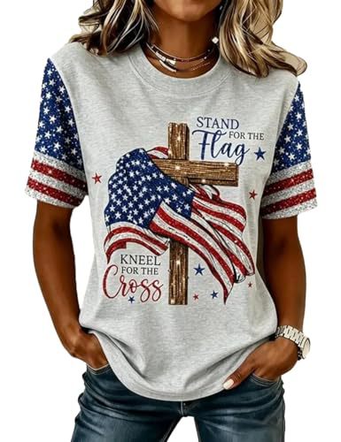 Summer Cross American Print Crewneck Short Sleeve Women's Top