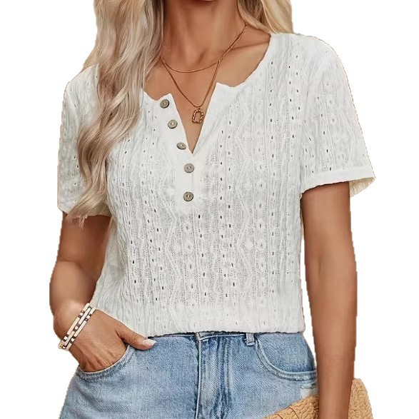 Women's Embroidered Cutout Jacquard V-Neck Short Sleeve T-Shirt Slim Fit