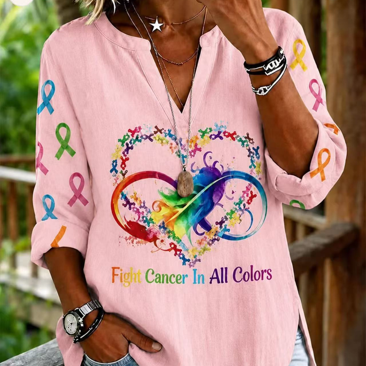 Heart Virus Hope Print V-Neck Half-Sleeve Women's T-Shirt
