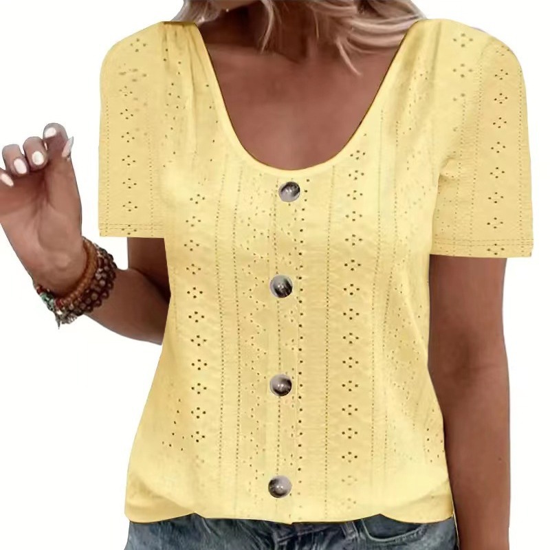 Crewneck Loose Single-Breasted Jacquard Short-Sleeve T-Shirt
