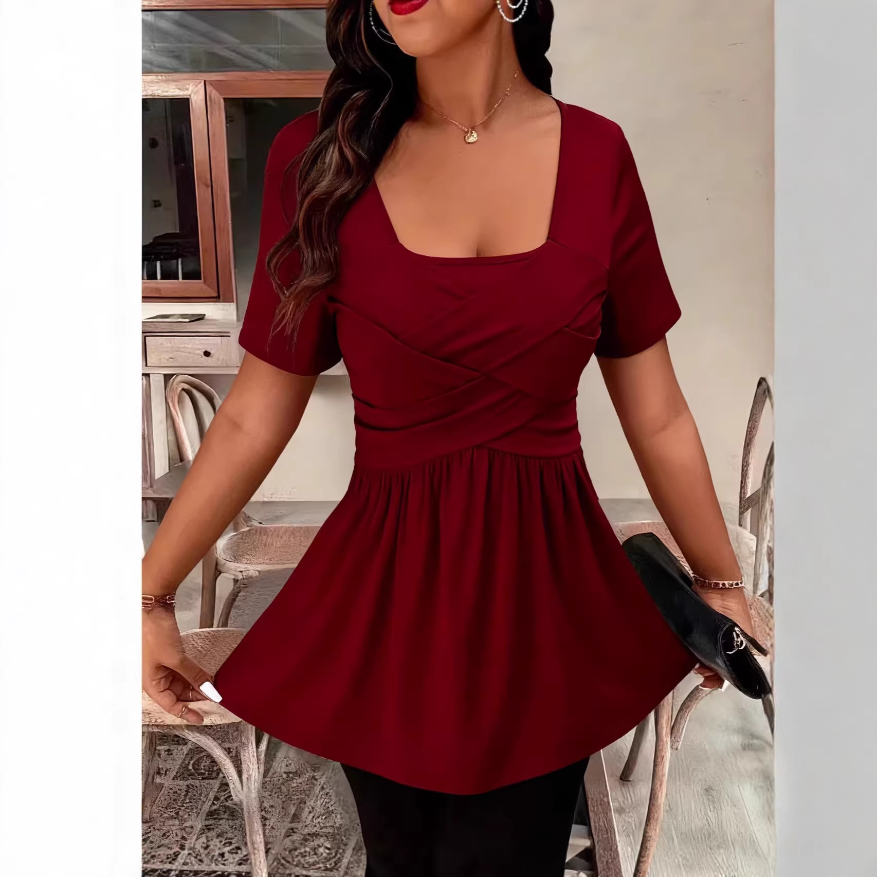 Women's Summer Short Sleeve Square Neck Cross Front Solid Casual T-Shirt