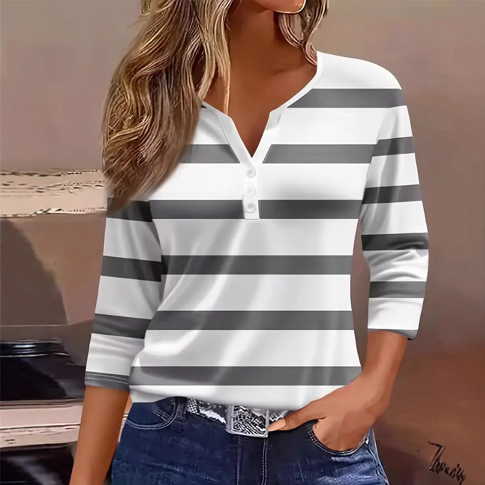 Women's Striped V-Neck Button Top Casual Long Sleeve T-Shirt