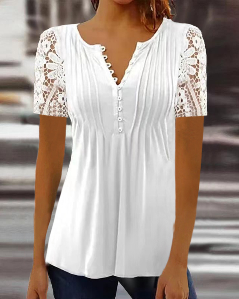 Women's Lace Trim Pleated Solid Button T-Shirt