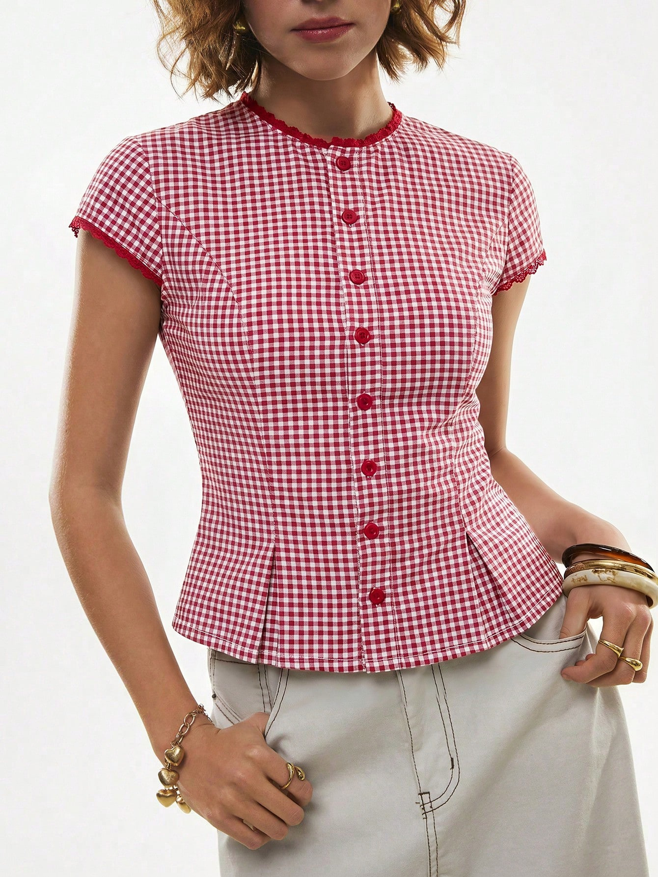 Women's Blue Plaid Collared Short Sleeve Shirt