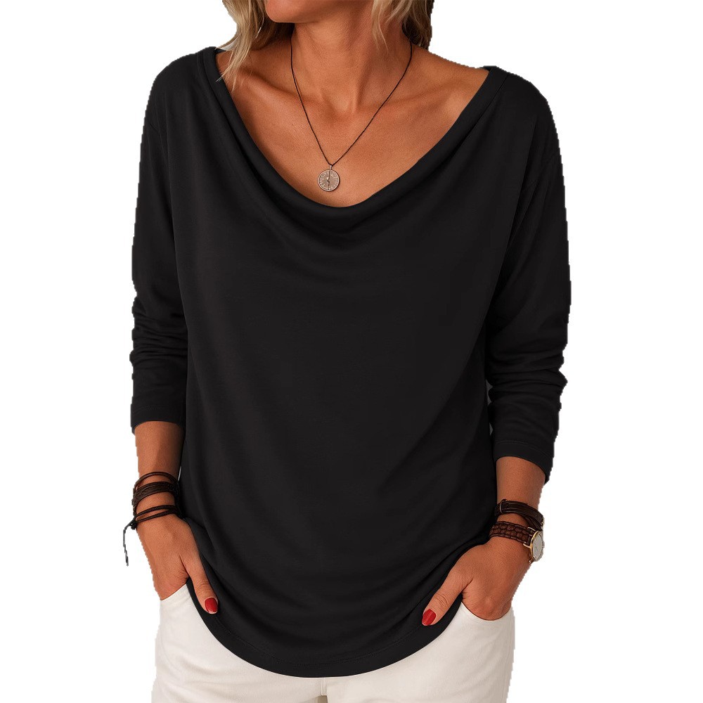Women's Casual Loose Long Sleeve Solid Color Cowl Neck Pullover T-Shirt