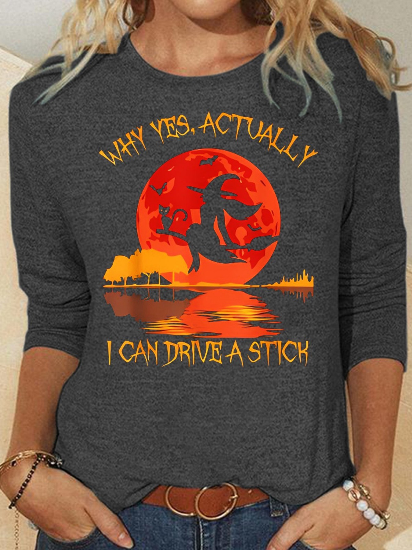 Halloween Witch Letter Print Crewneck Mid-Sleeve Top