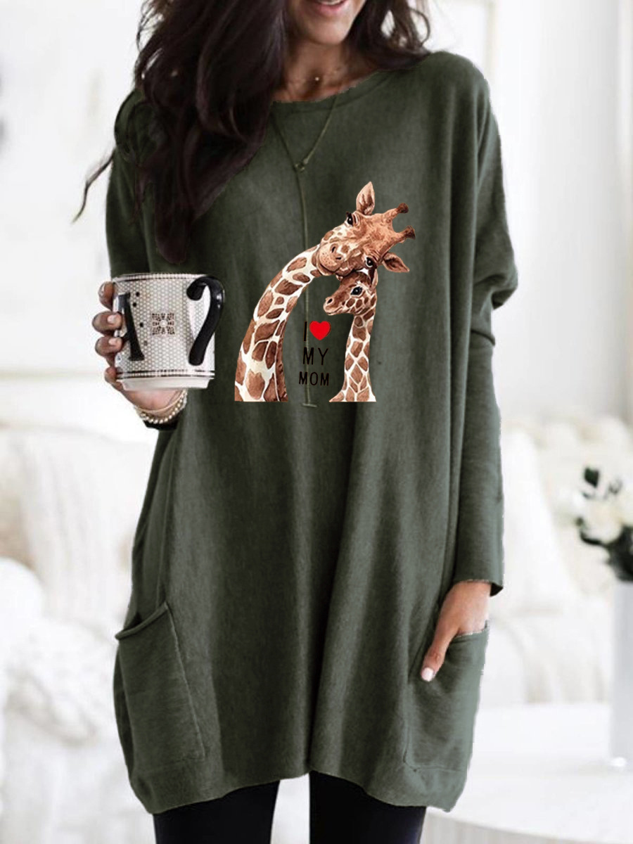 Women's Giraffe Print Long Sleeve Crew Neck Loose T-Shirt