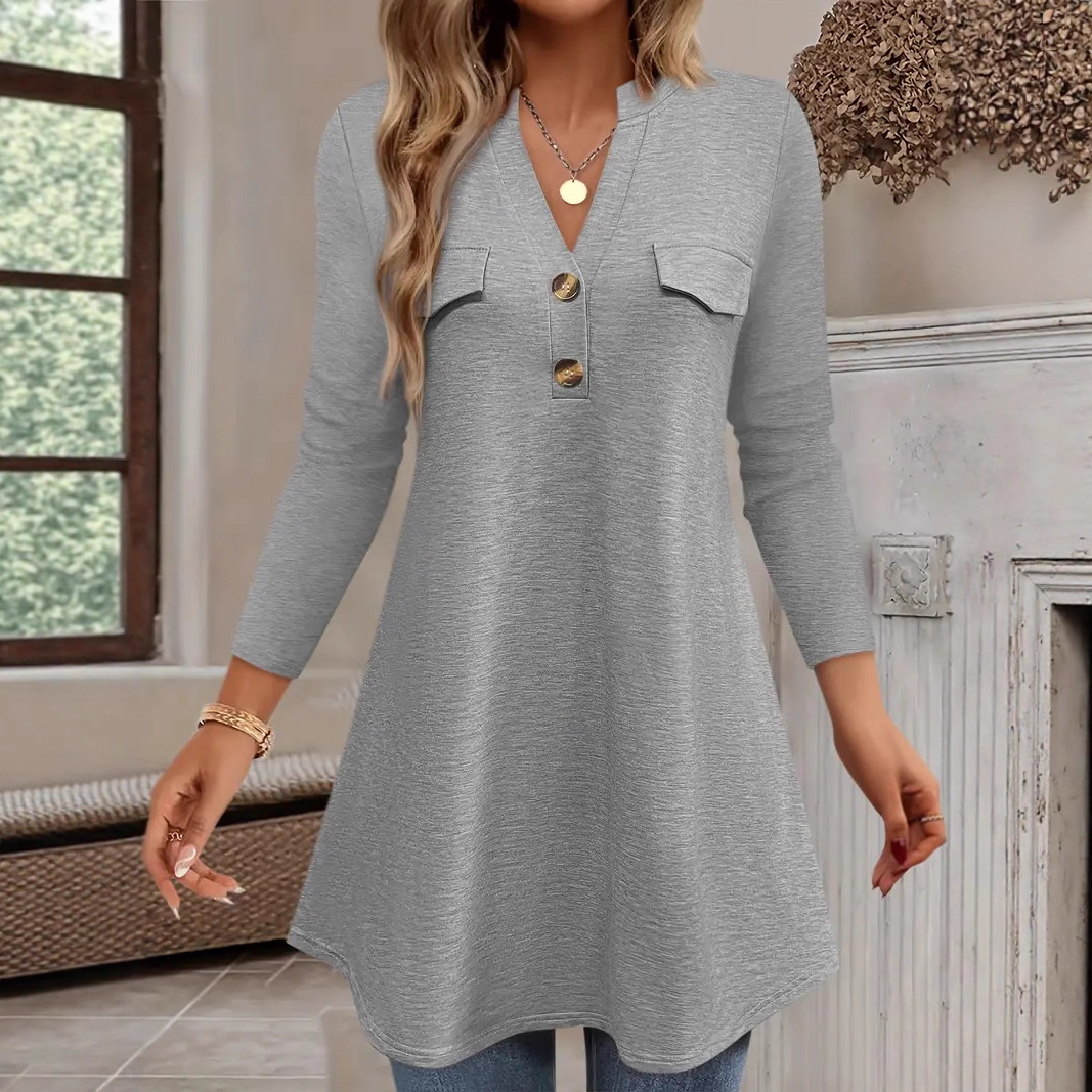 Women's Long Sleeve V-Neck Button Solid Color A-Line Tunic Top