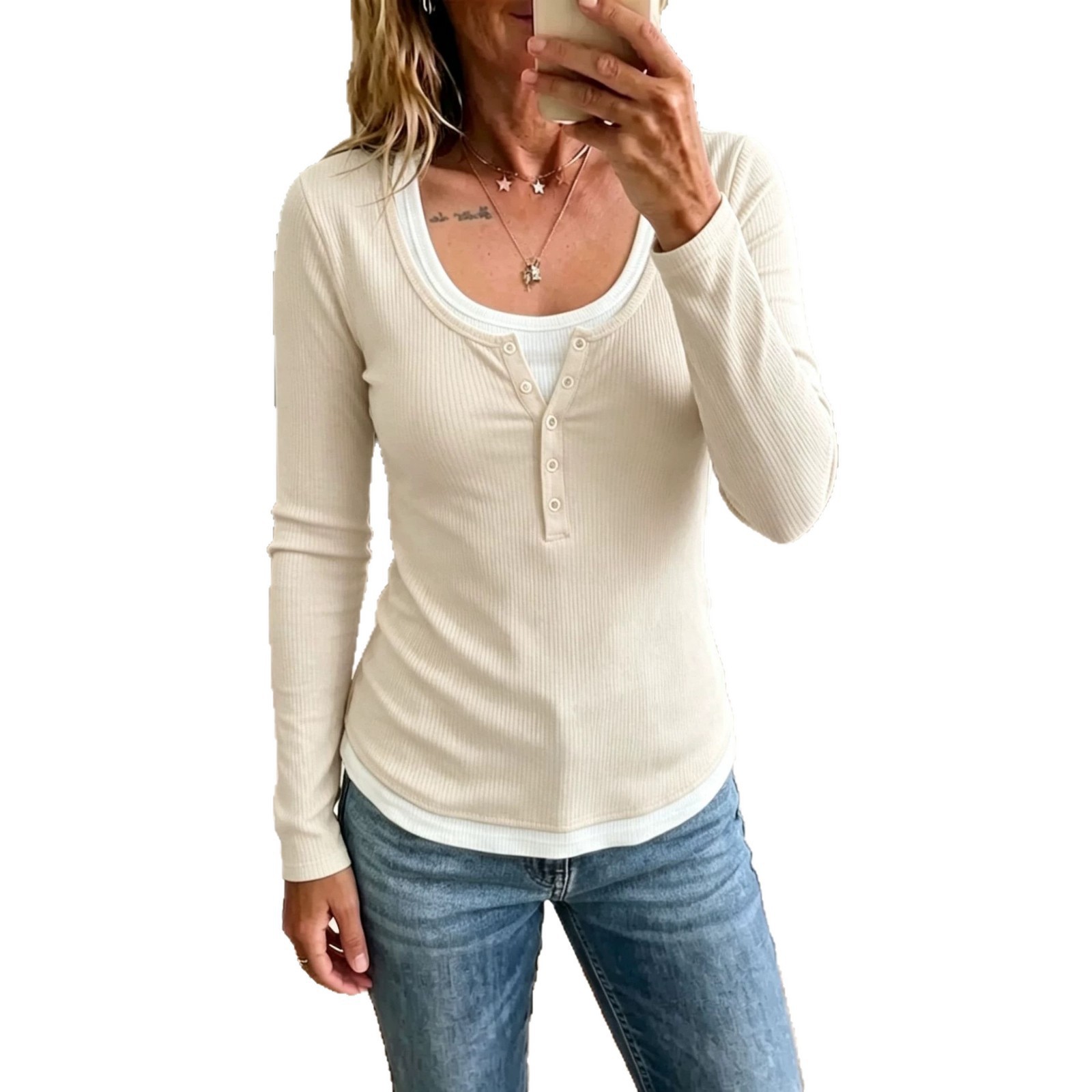 Women's Color-Block Faux-Layer Slim Long-Sleeve T-Shirt