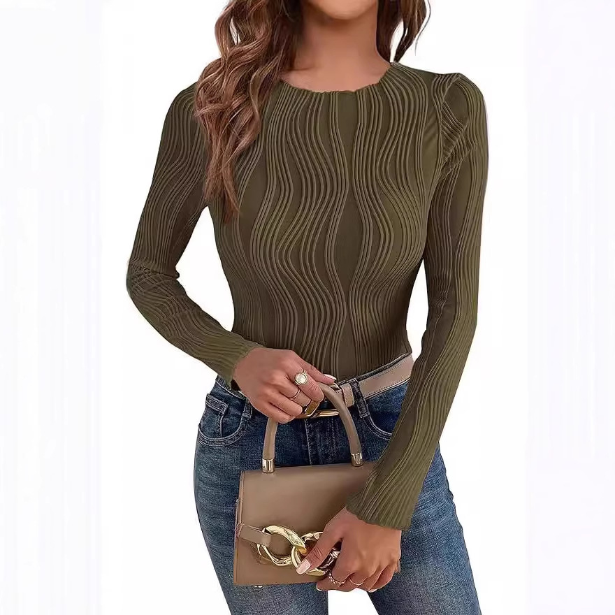 Women's Textured Crewneck Long Sleeve Slim Fit T-Shirt
