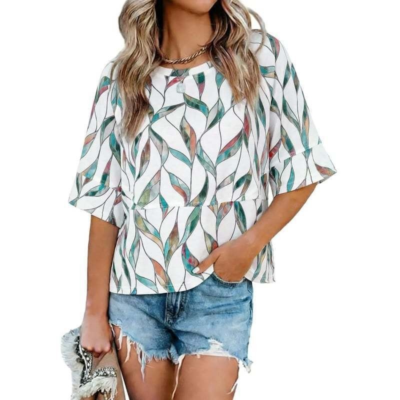 Women's Summer Colorblock Crewneck Bell Sleeve Loose T-Shirt