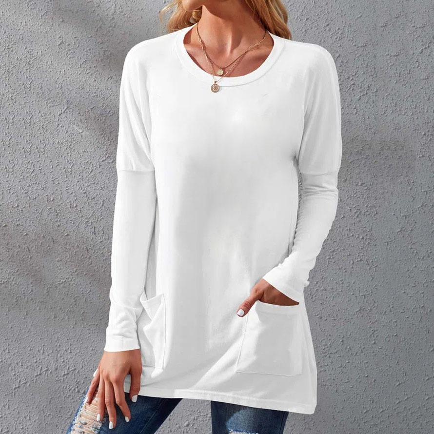 Women's Loose Fit Crewneck Short Sleeve Pocket Solid Midi T-Shirt