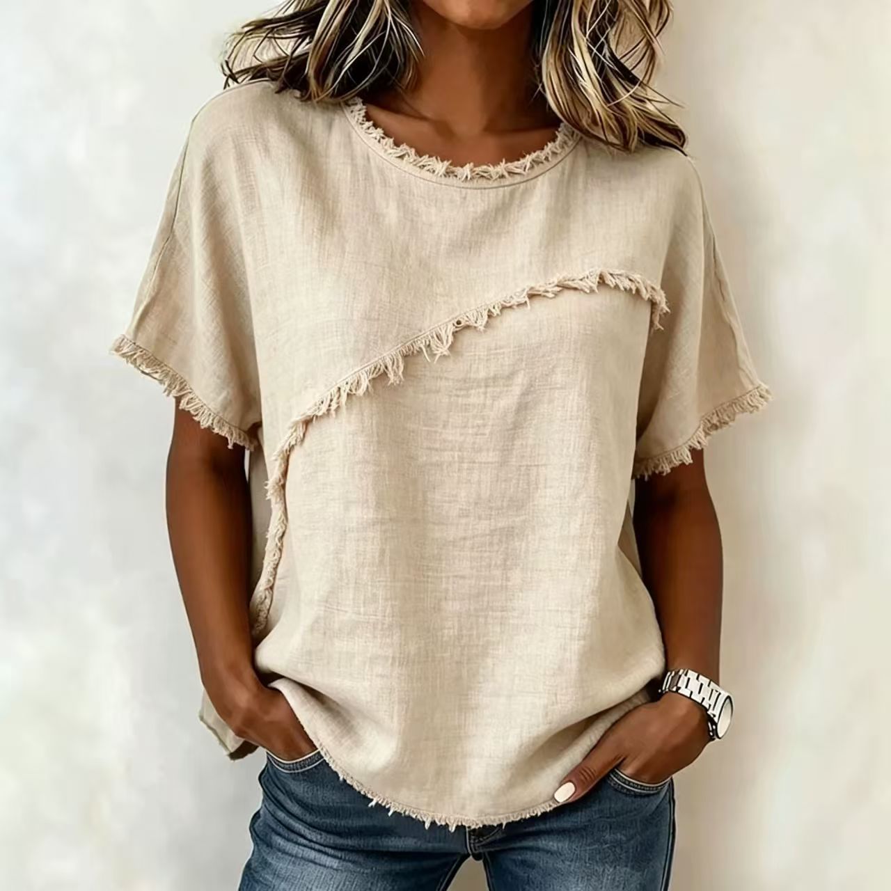 Women's Crewneck Short Sleeve Fringe Spliced Shirt