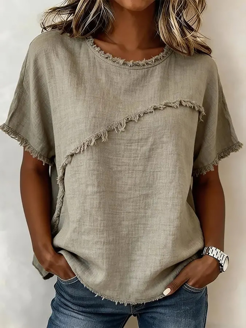 Women's Round Neck Loose Short Sleeve Paneled Top