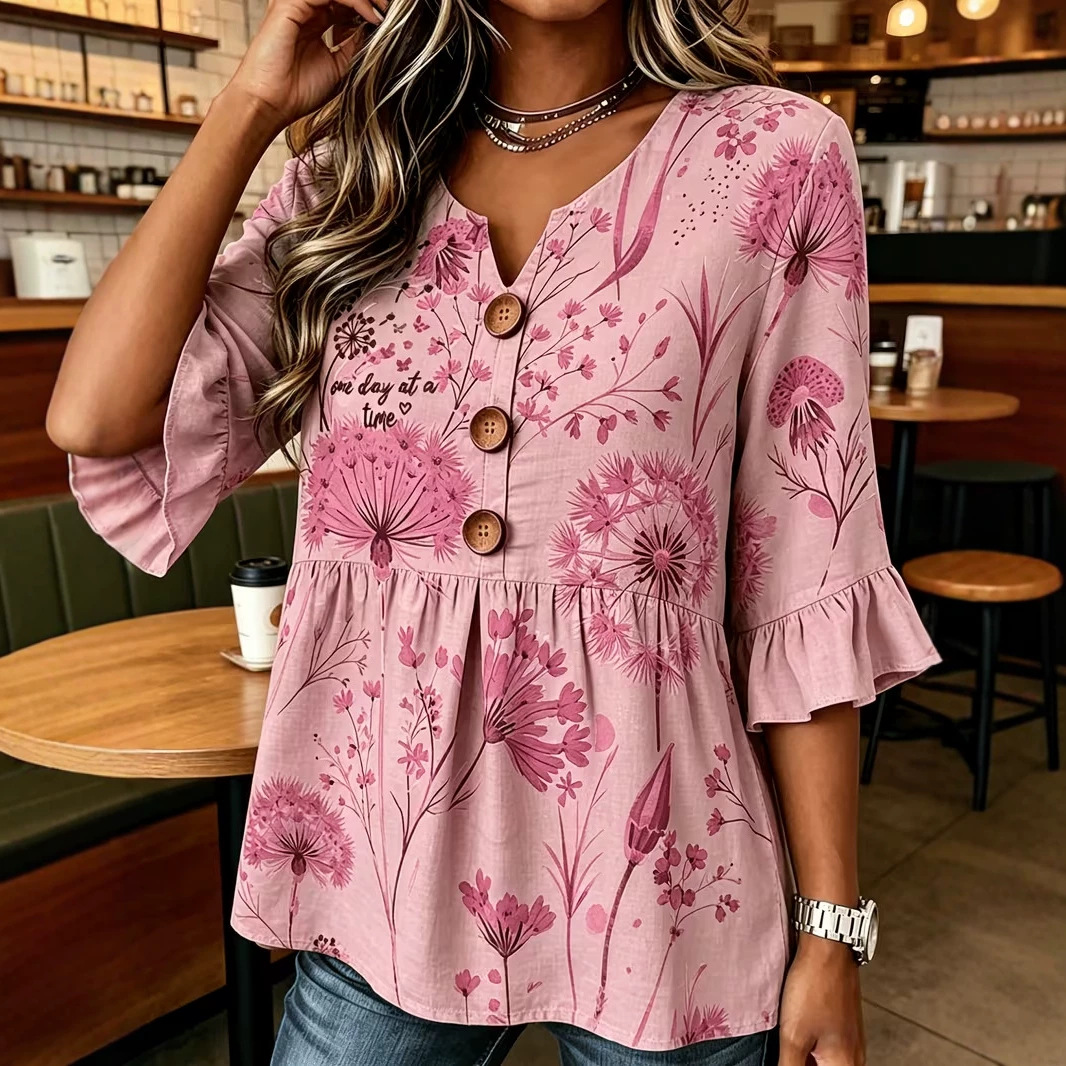 Women's Summer Floral Print Rolled Sleeve Button Top