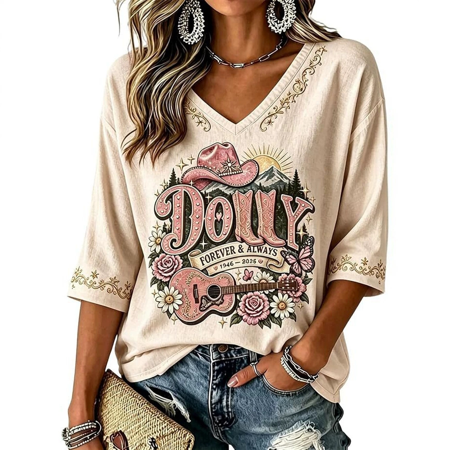 Summer Dolly Print V-Neck Half-Sleeve Women's Top
