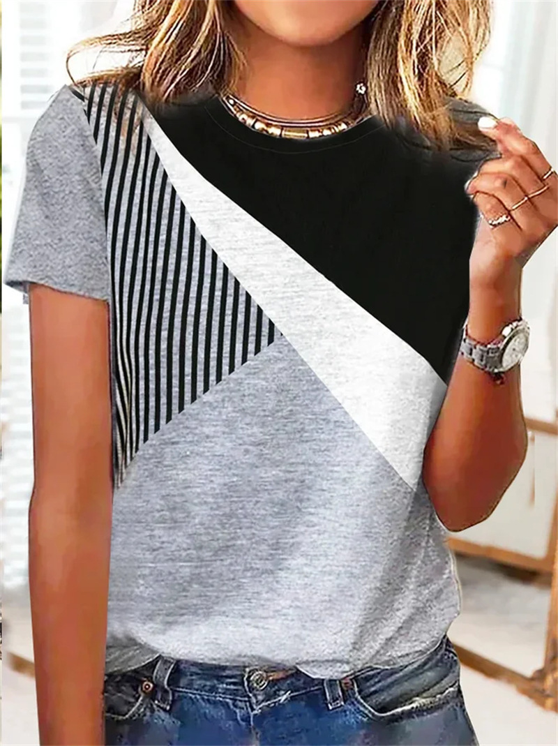 Women's Color-Block Striped Print Short-Sleeve Crewneck Casual T-Shirt