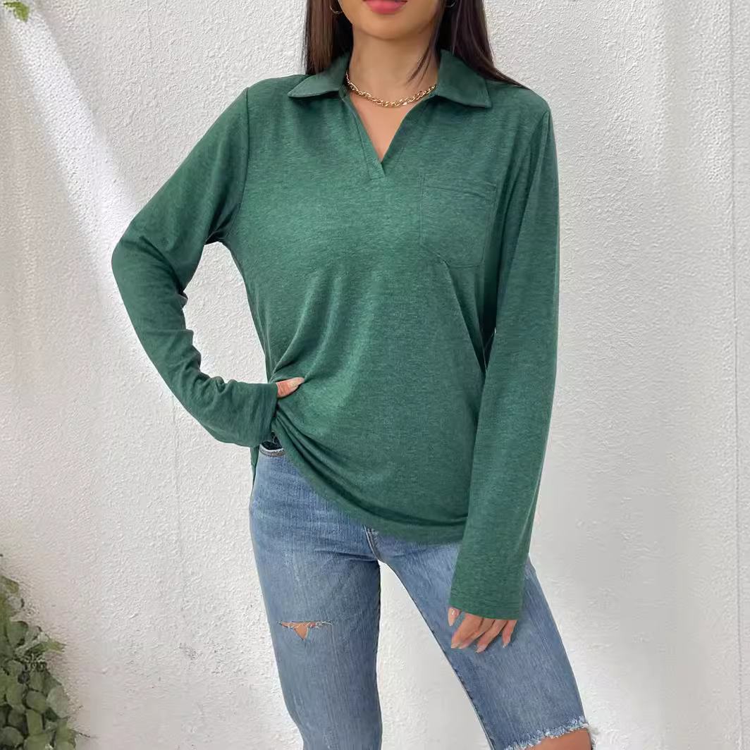 Women's Long Sleeve Solid Color Collared Loose Pocket T-Shirt