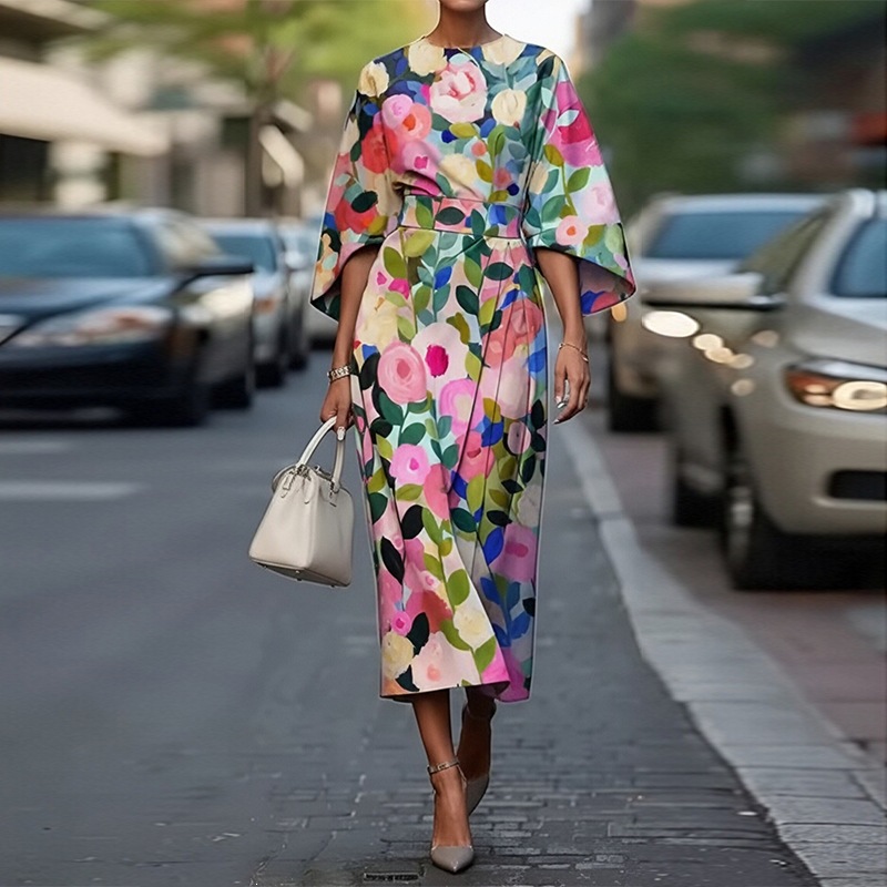 Women's Floral Print Half-Sleeve Slim Fit Midi Dress