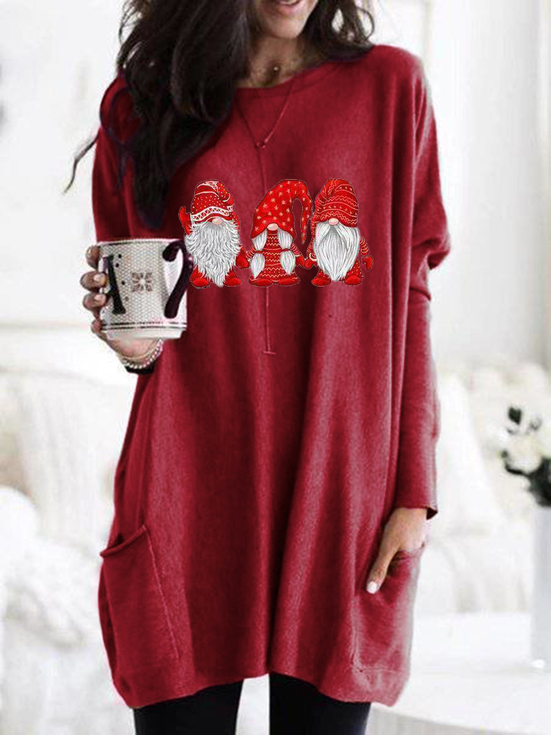 Santa Print Long Sleeve Round Neck Pocket Dress