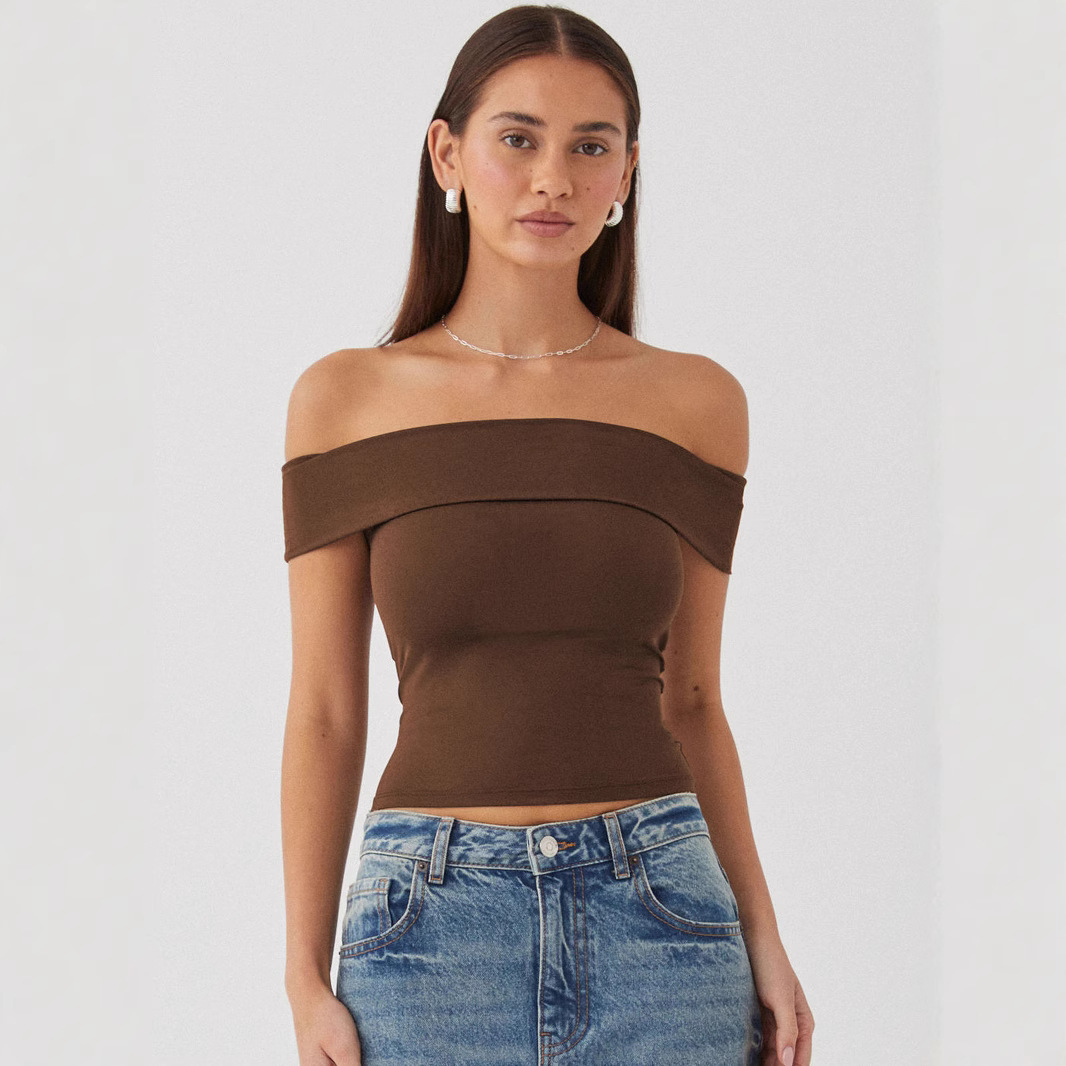 Women's Off-Shoulder Tube Top Short Sleeve Slim Fit Sexy T-Shirt