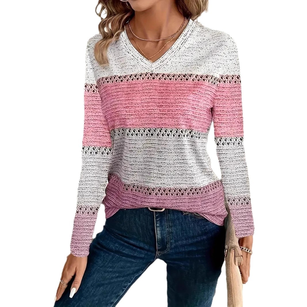 Plus Size V-Neck Colorblock Long Sleeve T-Shirt