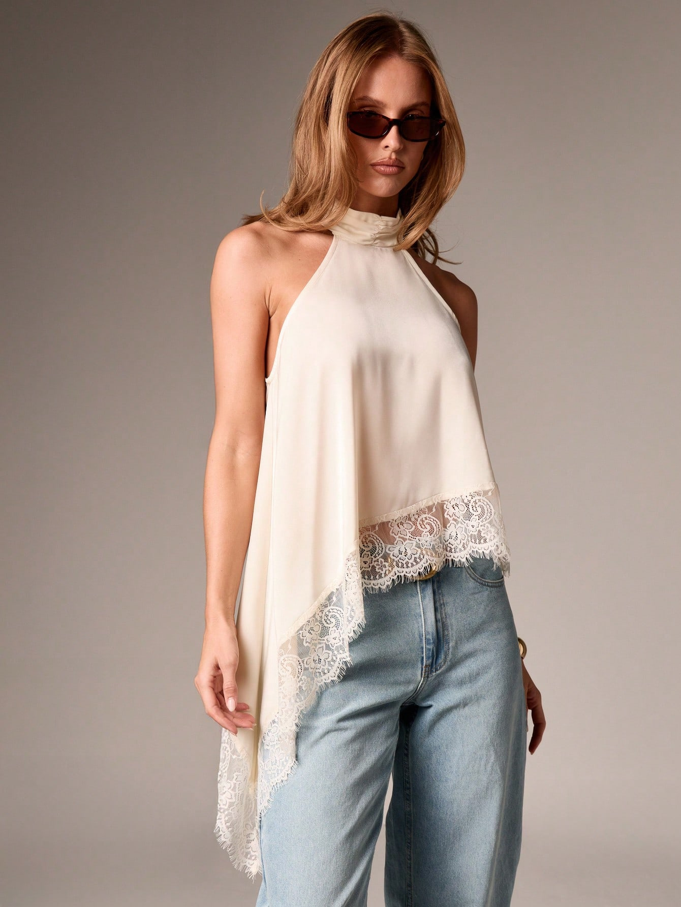 Sexy Halter Lace Top with Asymmetrical Hem and Open Back
