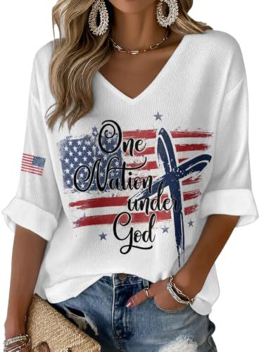 American Flag Letter Print V-Neck Half-Sleeve T-Shirt for Women