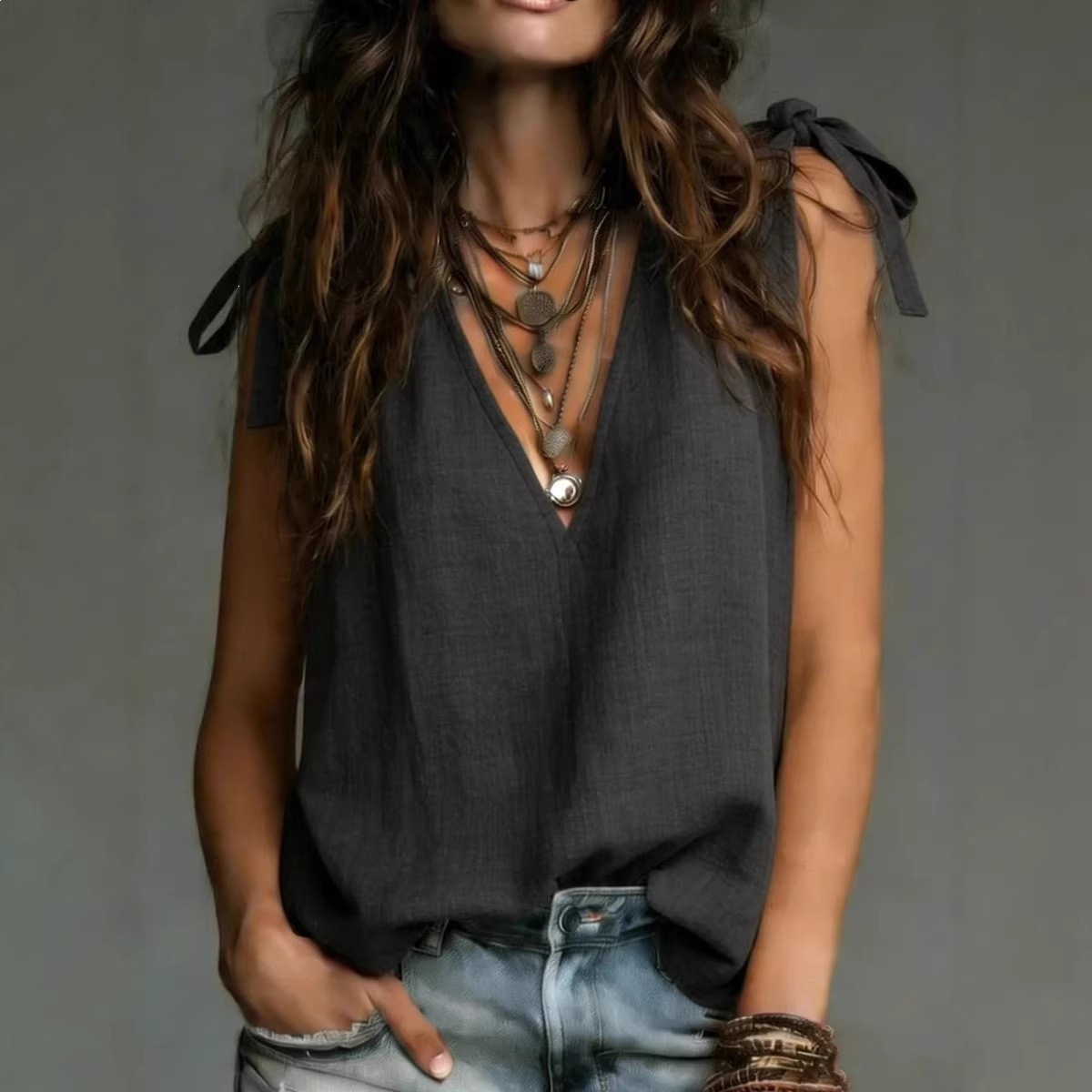 Women's V-Neck Tie-Front Sleeveless Solid Top