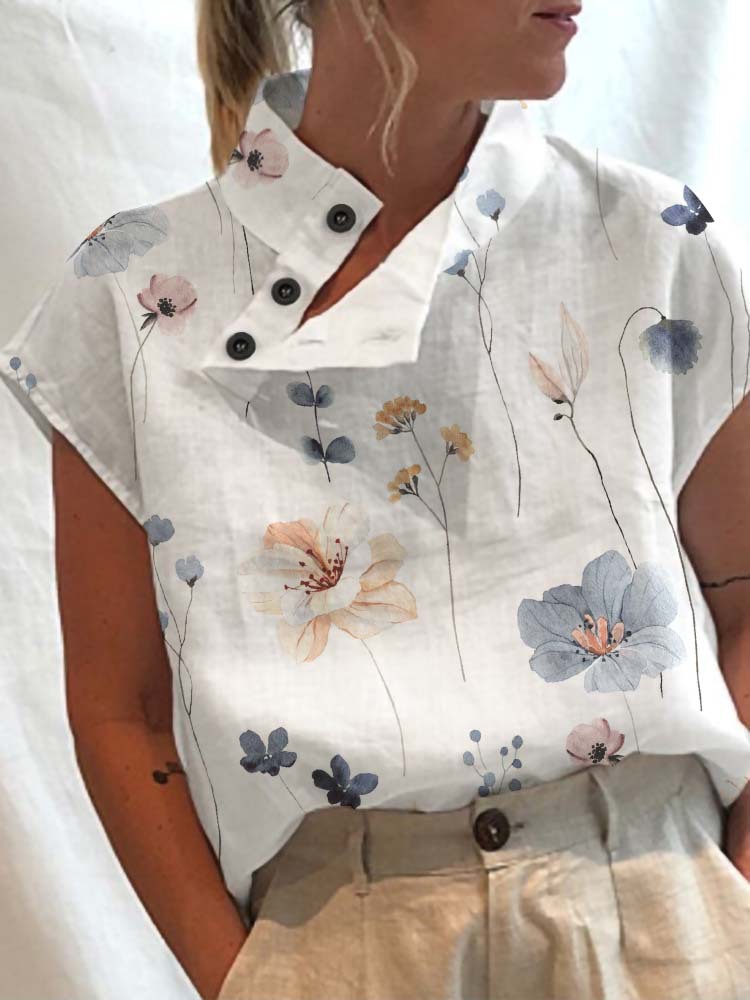 Women's Casual Stand Collar Short Sleeve Digital Print Top T-Shirt