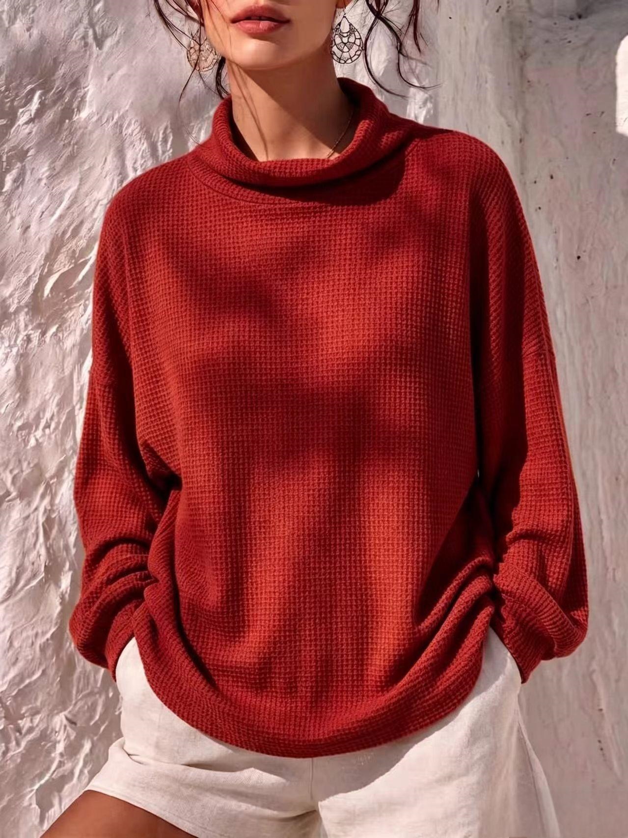 Waffle Knit Long Sleeve Scarf Neck Top Women's Loose Solid Color