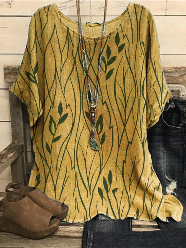 Women's Leaf Print Half-Sleeve T-Shirt