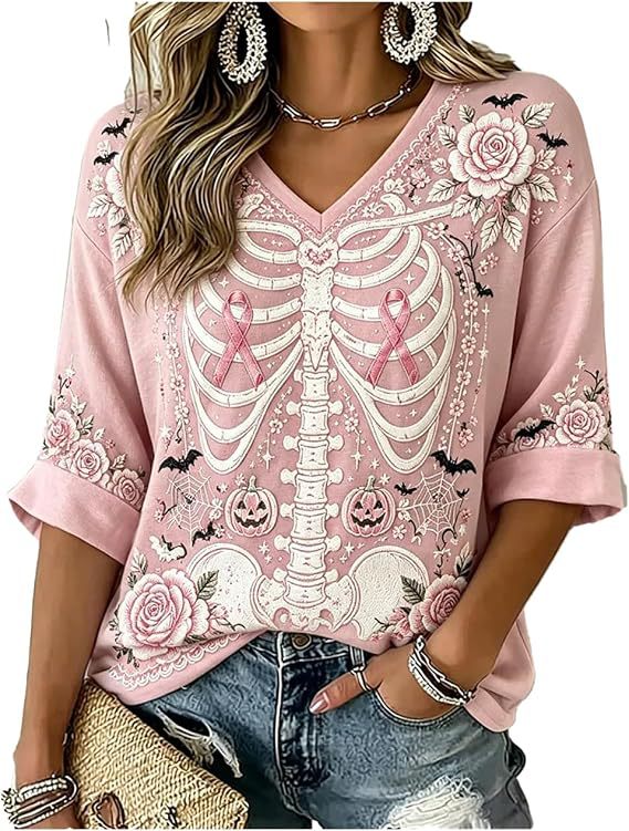 Skeleton Floral Ribbon Print V-Neck Half-Sleeve T-Shirt