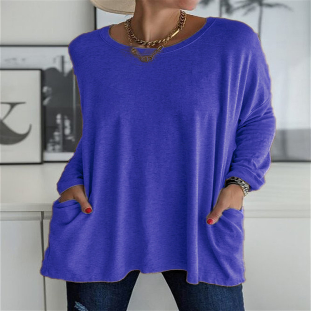 Women's Loose Fit Crewneck Long Sleeve Solid T-Shirt with Pocket