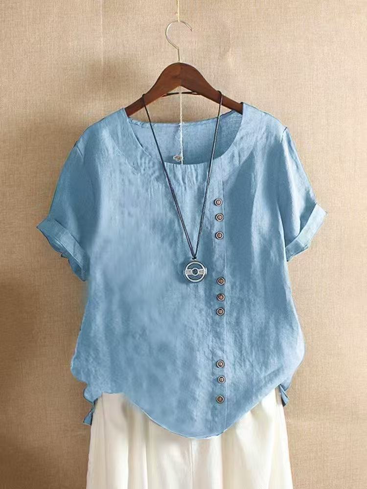 Women's Summer Loose Button Round Neck T-Shirt