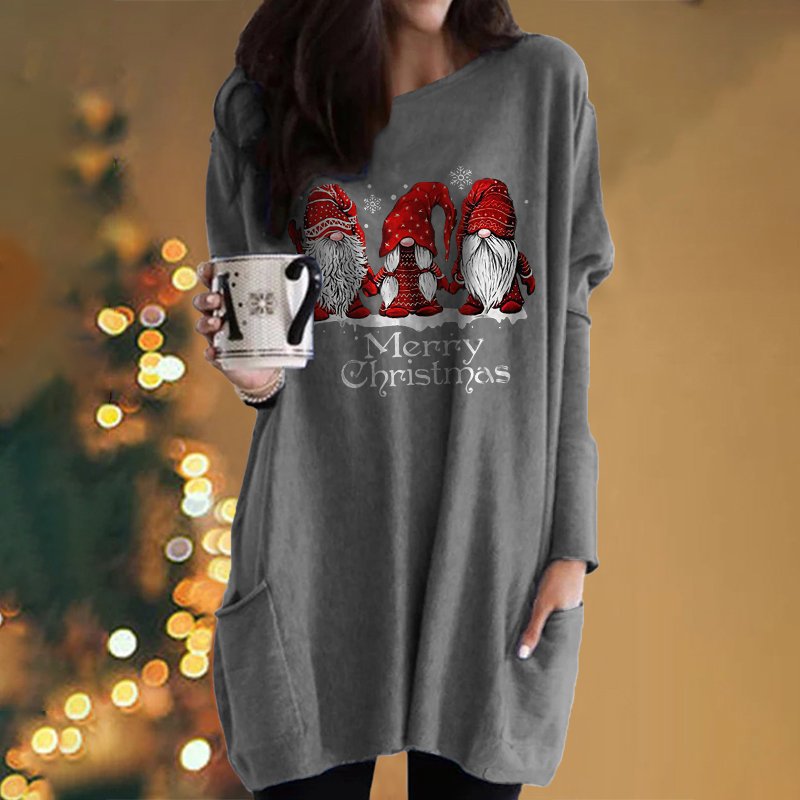 Christmas Santa Print Long-Sleeve Pocket Round-Neck T-Shirt Dress